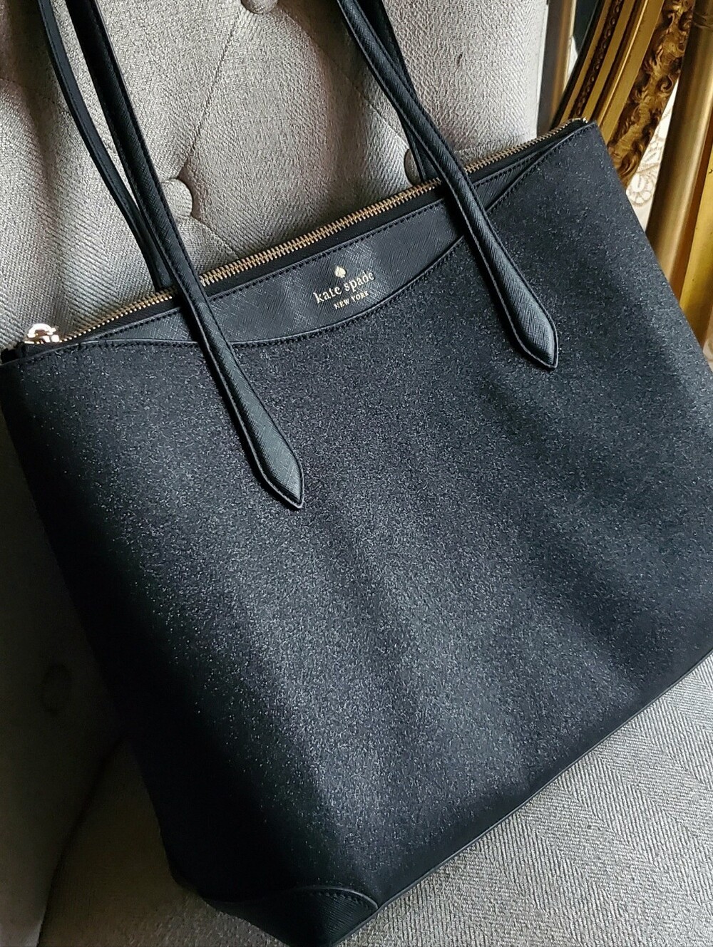 Kate Spade Black Shimmer Shoulder Bag Zip Top Closure